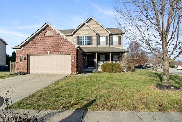 front of property with a front lawn, a porch, and a garage