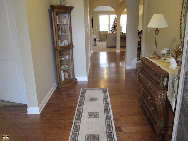 hallway with dark hardwood / wood-style flooring