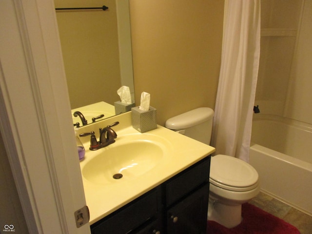 full bathroom featuring toilet, shower / bath combination with curtain, vanity, and tile patterned floors