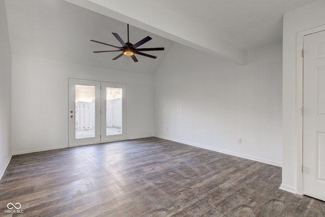 unfurnished room with vaulted ceiling with beams, ceiling fan, french doors, and dark wood-type flooring