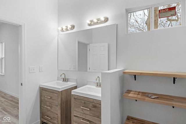 bathroom with hardwood / wood-style flooring and vanity