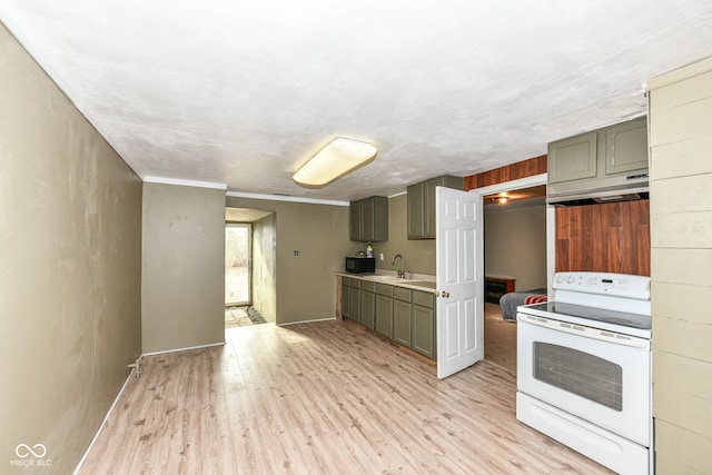 4925 W Raymond St, Indianapolis, IN 46241 - kitchen with white electric stove, under cabinet range hood, light wood-style floors, light countertops, and gray cabinets