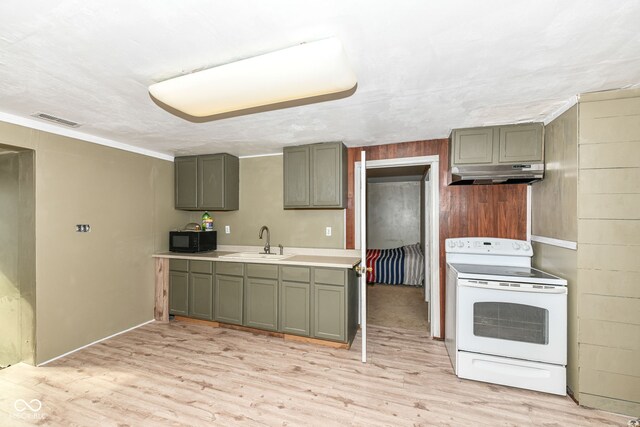 4925 W Raymond St, Indianapolis, IN 46241 - kitchen featuring white electric range oven, under cabinet range hood, black microwave, and light wood finished floors