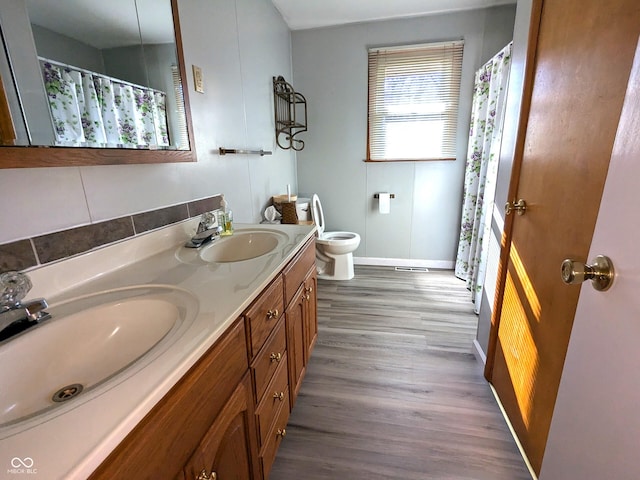 bathroom with vanity, wood-type flooring, and toilet