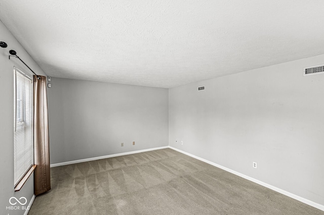 empty room with a textured ceiling and light colored carpet