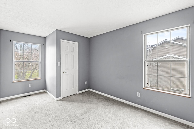 unfurnished bedroom featuring carpet floors, a textured ceiling, and multiple windows