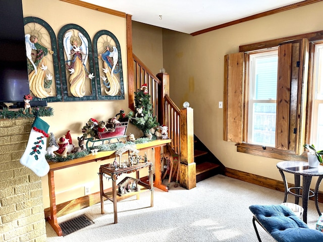 sitting room with carpet flooring and crown molding