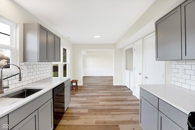 kitchen featuring dishwasher, decorative backsplash, light hardwood / wood-style floors, and sink