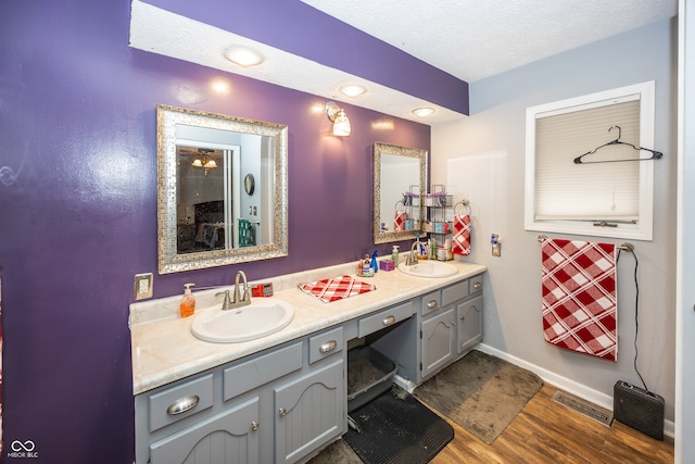 bathroom featuring wood-type flooring, vanity, and a textured ceiling