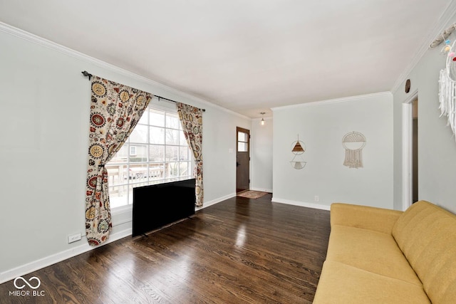 unfurnished living room with crown molding and dark hardwood / wood-style flooring