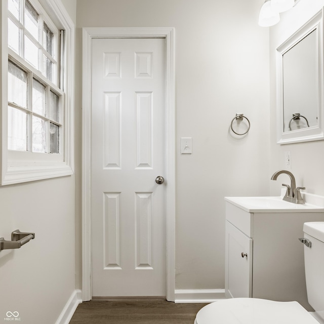 bathroom with vanity, wood-type flooring, and toilet