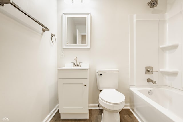 full bathroom with vanity,  shower combination, toilet, and wood-type flooring