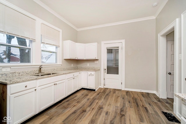 kitchen featuring sink, dark wood-type flooring, light stone counters, white cabinets, and ornamental molding