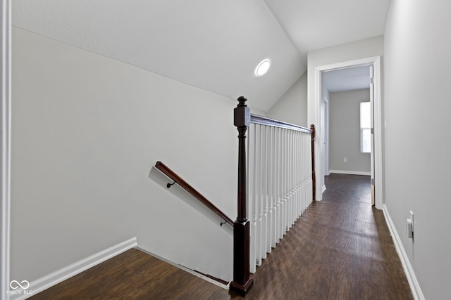 hall featuring dark hardwood / wood-style flooring and vaulted ceiling