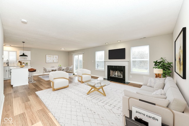 living room featuring a textured ceiling, light wood-type flooring, sink, and a tile fireplace