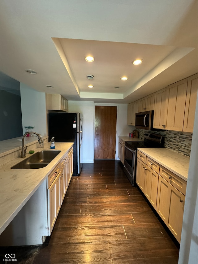 kitchen featuring decorative backsplash, appliances with stainless steel finishes, dark hardwood / wood-style flooring, a raised ceiling, and sink