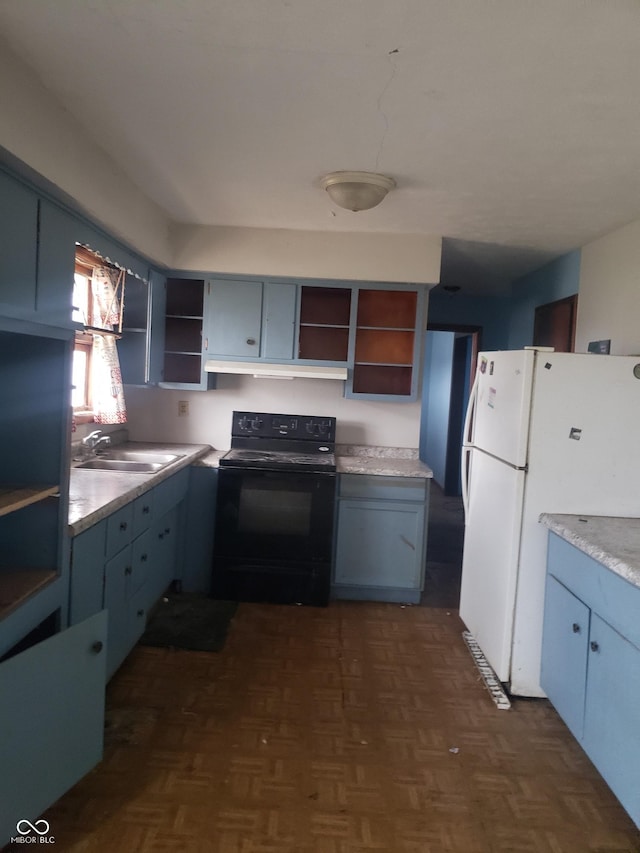 kitchen featuring dark parquet flooring, blue cabinets, sink, electric range, and white fridge