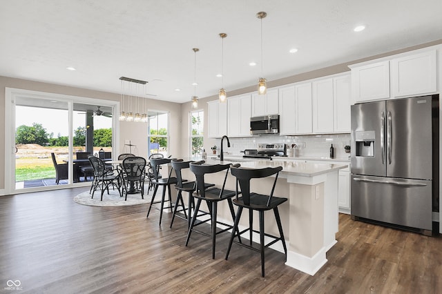 kitchen with appliances with stainless steel finishes, decorative light fixtures, plenty of natural light, and a kitchen island with sink