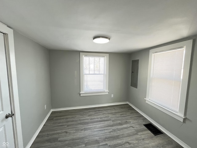 spare room with electric panel and dark hardwood / wood-style floors