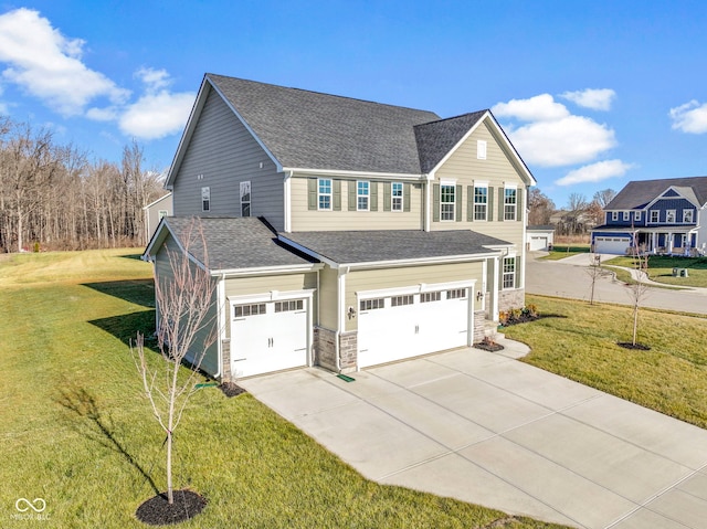 view of side of home with a lawn and a garage