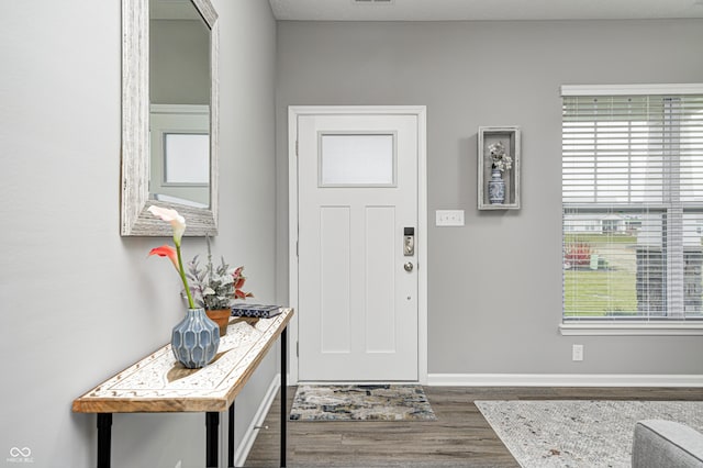 entryway with dark hardwood / wood-style flooring