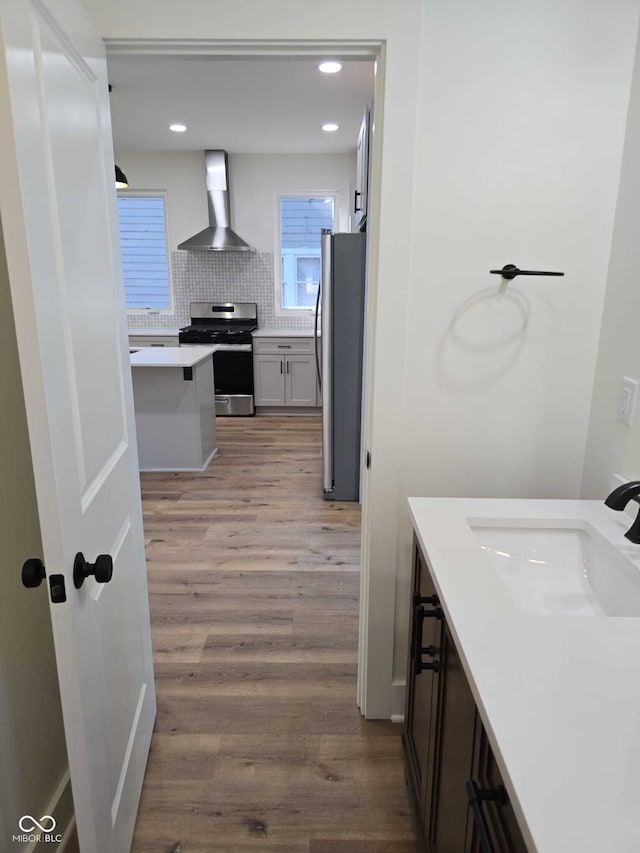 bathroom featuring tasteful backsplash, hardwood / wood-style floors, and sink