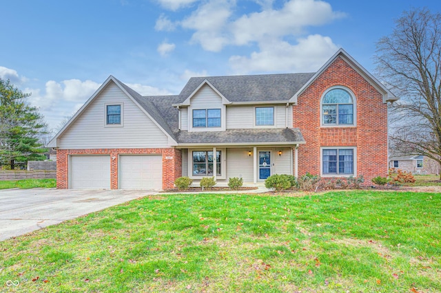 view of front of house featuring a garage, concrete driveway, brick siding, and a front lawn