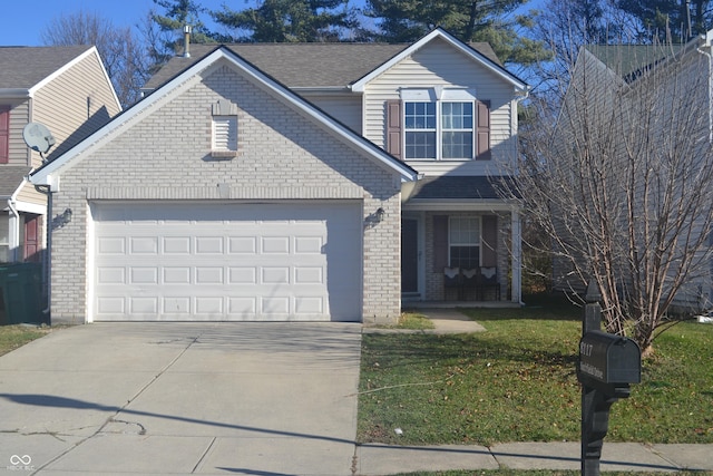 view of property featuring a garage and a front yard