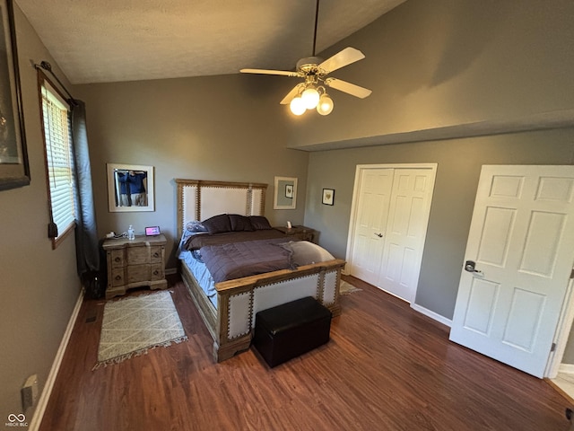 11720 Grenadier Ln, Indianapolis, IN 46229 - bedroom with wood finished floors, baseboards, ceiling fan, and high vaulted ceiling