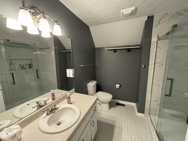 11720 Grenadier Ln, Indianapolis, IN 46229 - full bathroom with a marble finish shower, a textured ceiling, toilet, vanity, and lofted ceiling