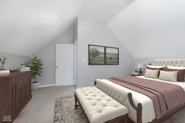 carpeted bedroom with lofted ceiling