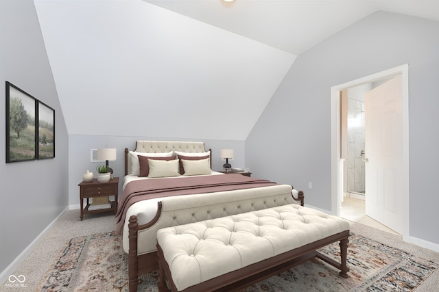 carpeted bedroom featuring ensuite bath and vaulted ceiling