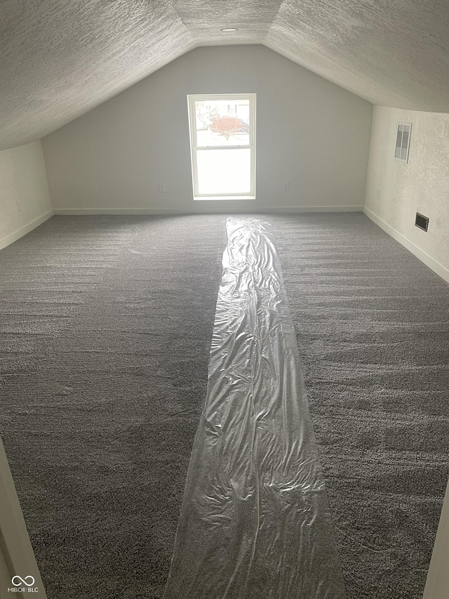 additional living space featuring dark carpet, a textured ceiling, and vaulted ceiling