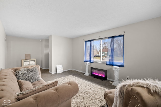 carpeted living room featuring a textured ceiling