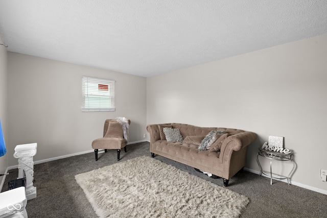 living room featuring a textured ceiling and dark colored carpet