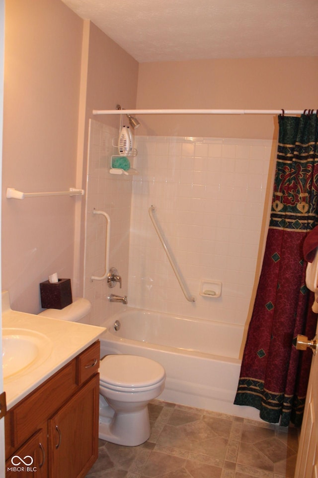 full bathroom featuring vanity, tile patterned flooring, toilet, a textured ceiling, and shower / tub combo