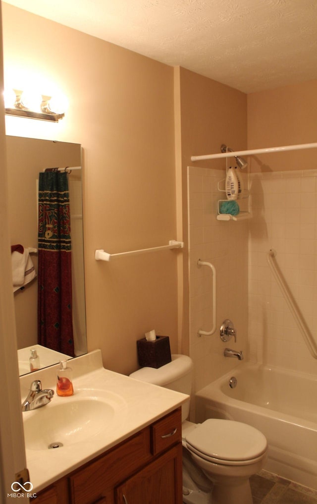 full bathroom with vanity, a textured ceiling, toilet, and shower / bathtub combination with curtain