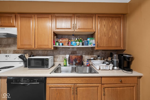 kitchen featuring sink, black dishwasher, range hood, and tasteful backsplash