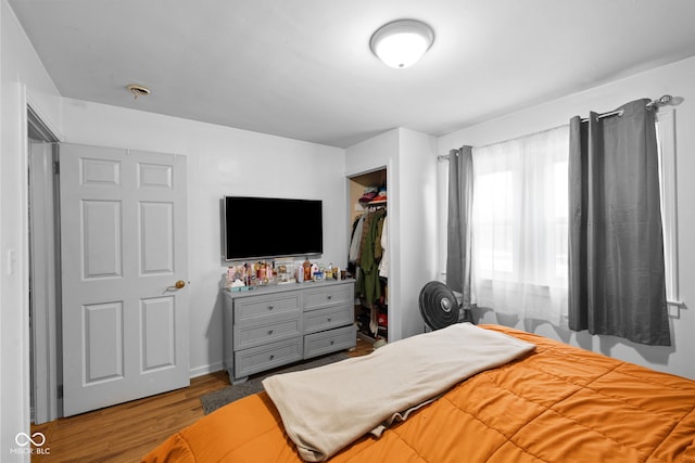 bedroom with hardwood / wood-style floors and a closet