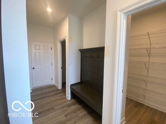 mudroom with baseboards and wood finished floors