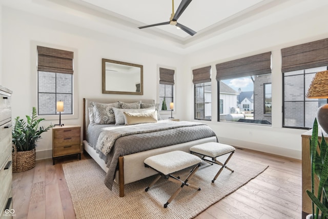 bedroom with a tray ceiling, hardwood / wood-style flooring, and ceiling fan