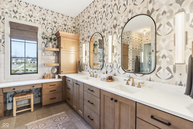 bathroom with vanity and tile patterned flooring