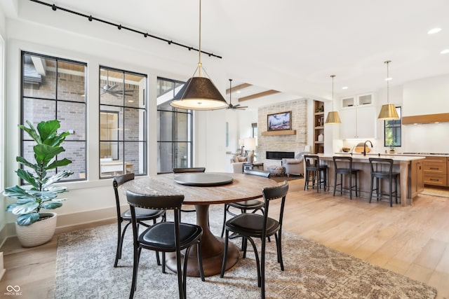 dining room with a fireplace and light hardwood / wood-style flooring