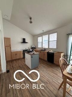 kitchen with dark hardwood / wood-style flooring, sink, dishwasher, a center island, and lofted ceiling