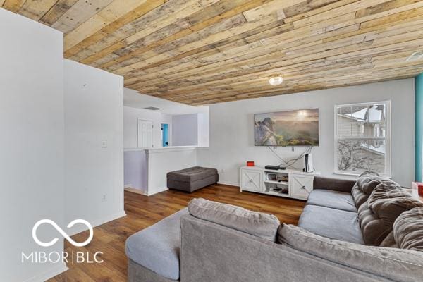 living room with wood ceiling and wood-type flooring