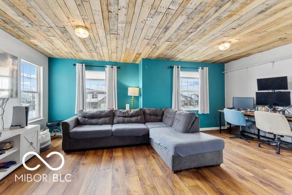 living room featuring light hardwood / wood-style floors and wood ceiling