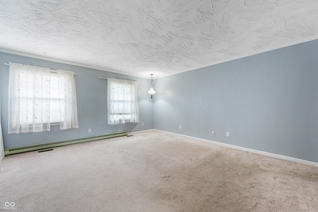 unfurnished room with carpet floors and baseboard heating