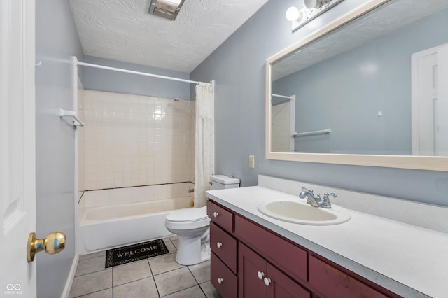 full bathroom with tile patterned floors, a textured ceiling, toilet, vanity, and shower / tub combo