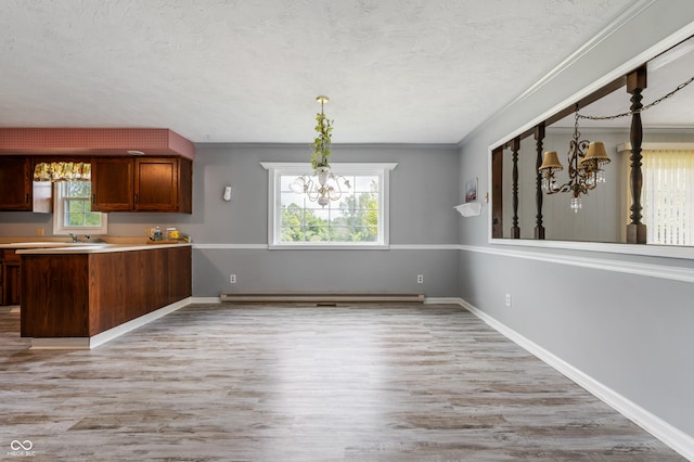 kitchen featuring a wealth of natural light, light hardwood / wood-style flooring, and a notable chandelier