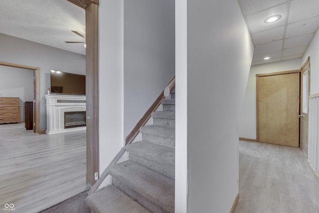 staircase with wood-type flooring, a paneled ceiling, and ceiling fan